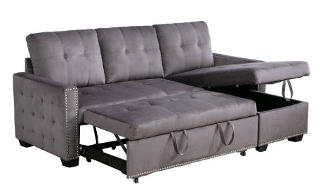 77 Inch Reversible Sectional Storage Sleeper Sofa Bed , L-Shape 2 Seat Sectional Chaise With Storage , Skin-Feeling Velvet Fabric ,Dark Grey Color For