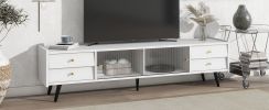 ON-TREND Contemporary TV Stand with Sliding Fluted Glass Doors, Slanted Drawers Media Console for TVs Up to 70", Chic Elegant TV Cabinet with Golden M