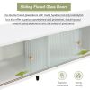 ON-TREND Contemporary TV Stand with Sliding Fluted Glass Doors, Slanted Drawers Media Console for TVs Up to 70", Chic Elegant TV Cabinet with Golden M