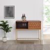 Kalyn 48 Inch Acacia Wood Bar Cabinet, 1 Door, Metal Frame, Geometric Screen Printed Design, Brown, Brass