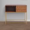 Kalyn 48 Inch Acacia Wood Bar Cabinet, 1 Door, Metal Frame, Geometric Screen Printed Design, Brown, Brass