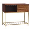 Kalyn 48 Inch Acacia Wood Bar Cabinet, 1 Door, Metal Frame, Geometric Screen Printed Design, Brown, Brass