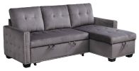 77 Inch Reversible Sectional Storage Sleeper Sofa Bed , L-Shape 2 Seat Sectional Chaise With Storage , Skin-Feeling Velvet Fabric ,Dark Grey Color For