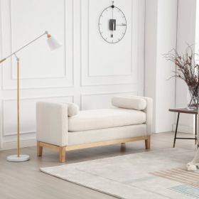 53.5"W Elegant Upholstered Bench, Ottoman with Wood Legs & Bolster Pillows for End of Bed, Bedroom, Living Room, Entryway (Color: Ivory, Material: Boucle)